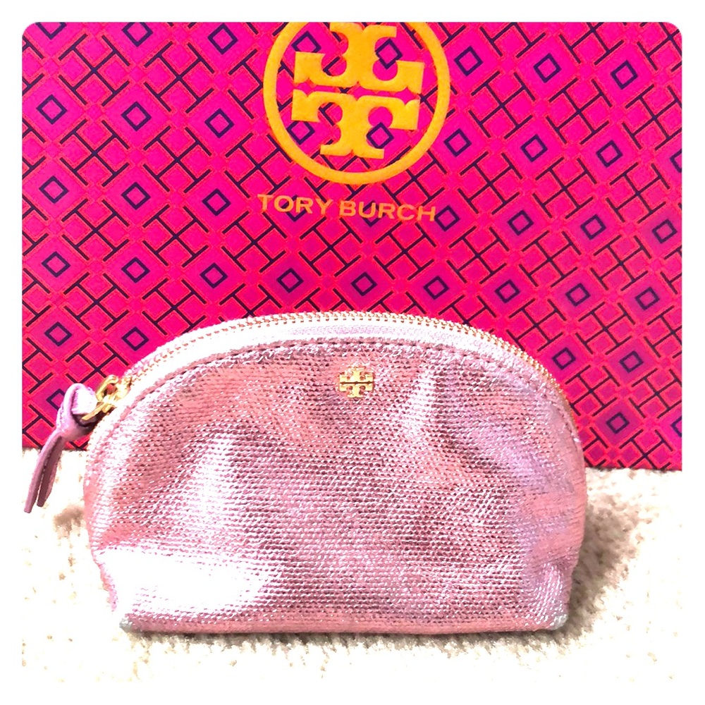 Authentic Tory Burch metallic pink cosmetic bag